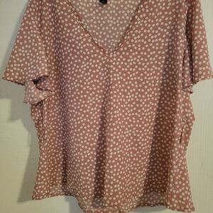 SHEIN Dusty Rose V-Neck Short Sleeve Blouse with White Floral Dot Print